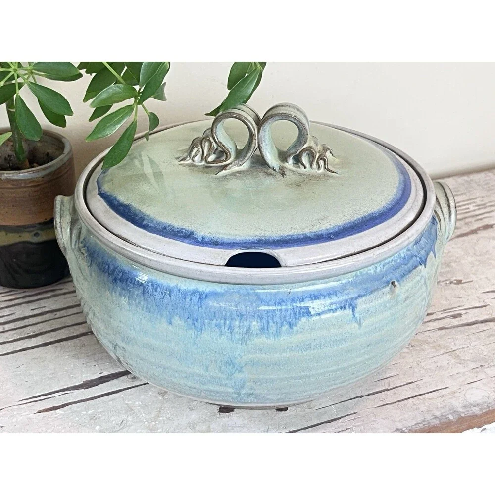 Vintage Handmade Artisan Pottery Tureen Casserole Dish W/Ornate Lid Signed